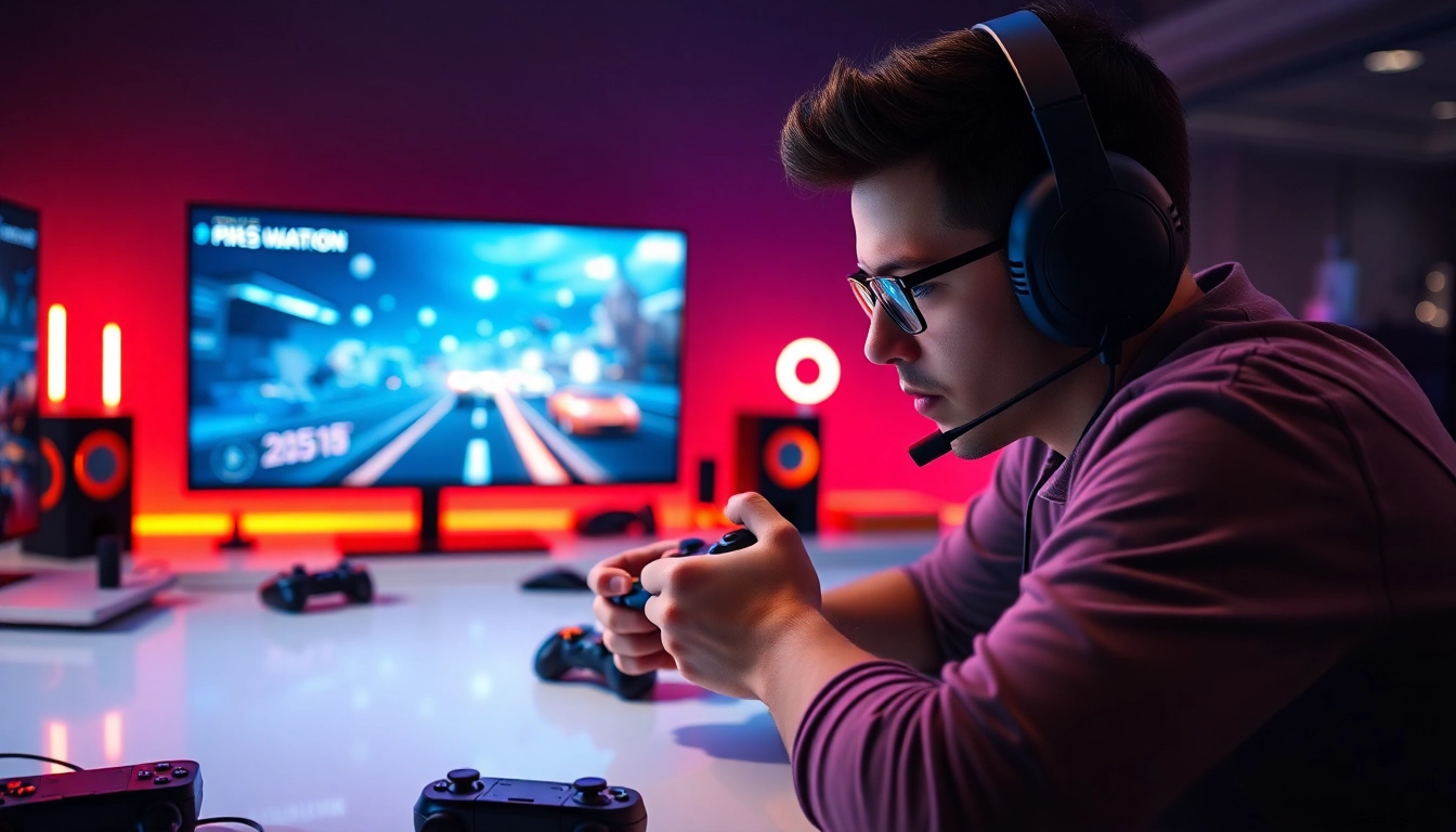 Gracz grający na PlayStation w nowoczesnym pokoju gier z kolorowymi światłami.