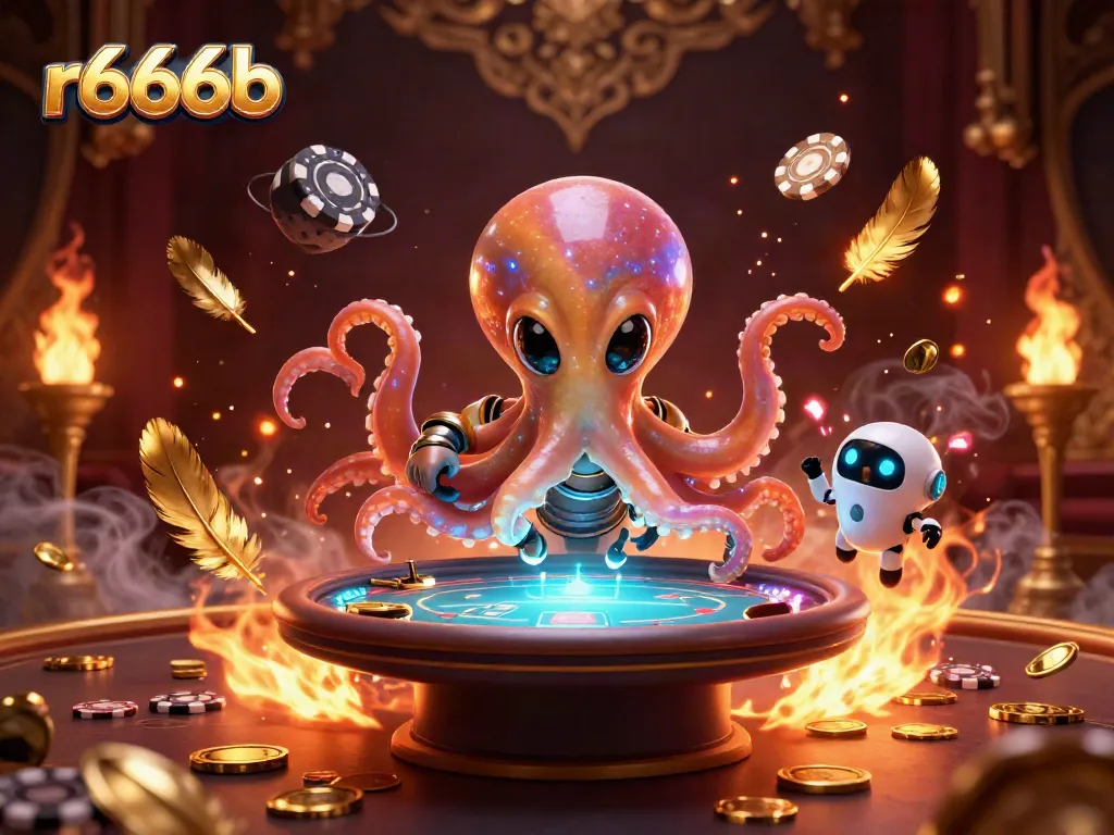 Exciting 3D visual of the r666b alien octopus engaging in a holographic poker match.