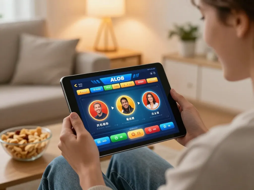 Engaging with the ALO8 app on a tablet in a cozy home setting, showcasing online betting excitement.