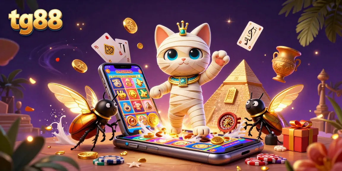 Experience vibrant gaming with tg88, featuring a mummy cat and a scarab beetle amidst cascading casino elements.