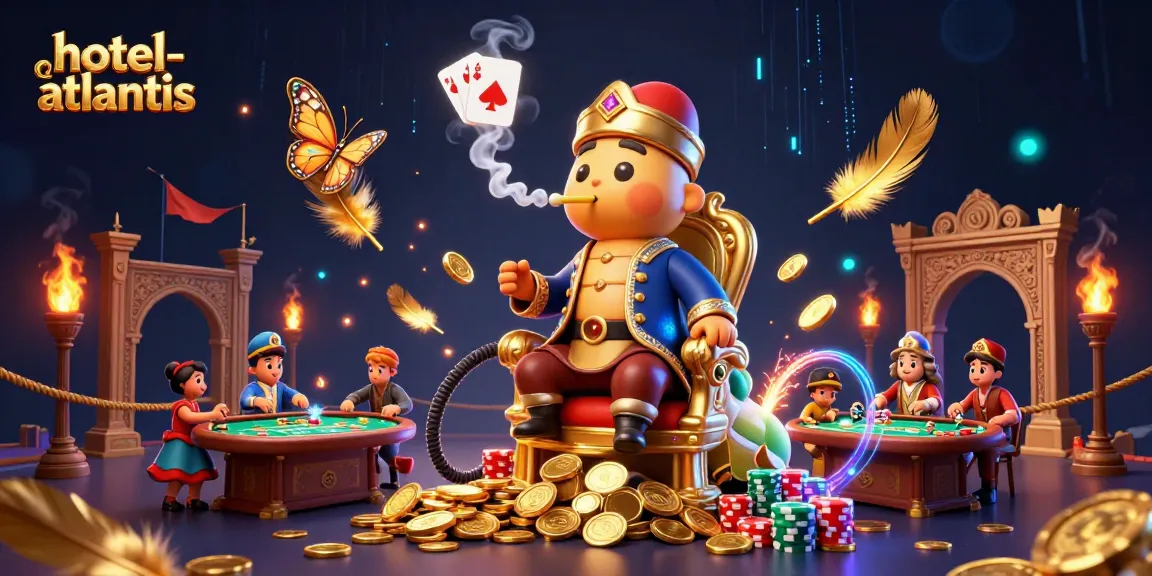 Wciągająca scena z hotel-atlantis, przedstawiająca sultana w stylu kasynowym z pokerowymi symbolami.