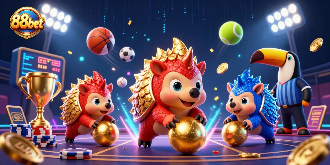Experience thrilling 88bet gaming action with rival pangolins enjoying poker, sports balls, and vibrant confetti!