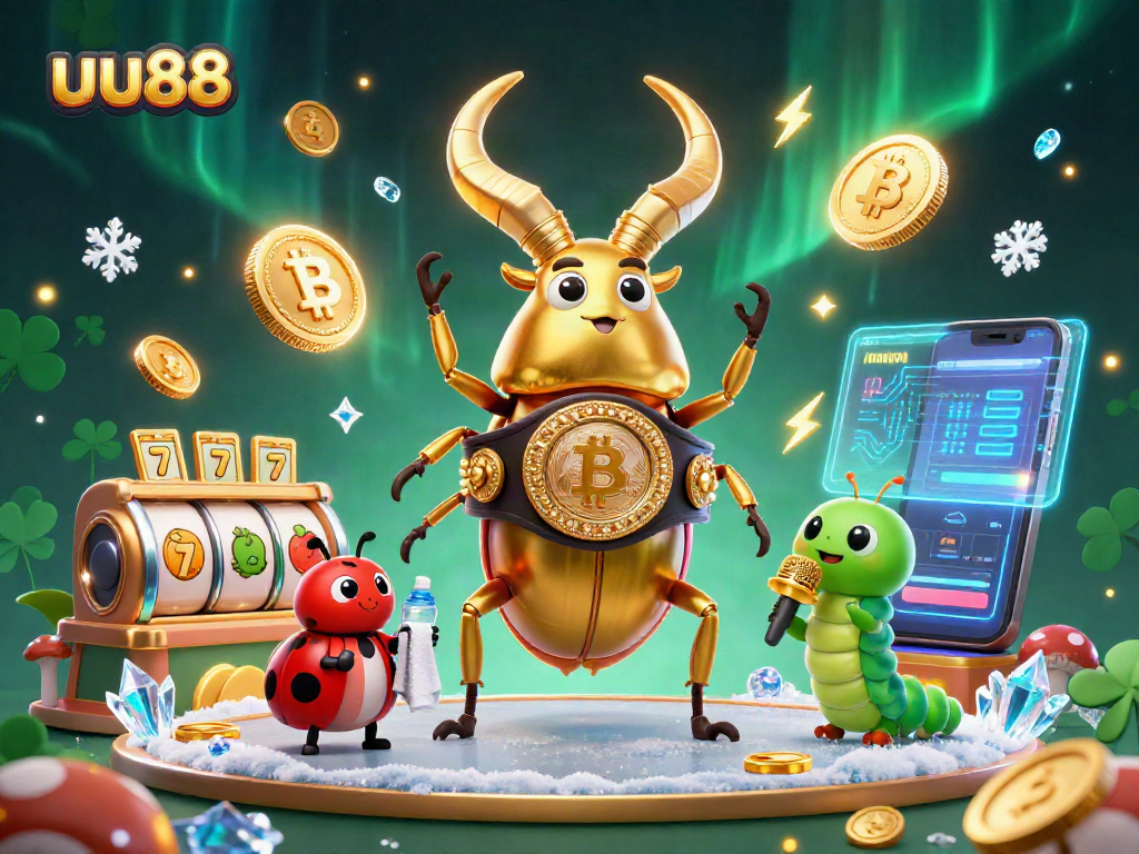uu88 showcases a dynamic casino scene with a glowing stag beetle champion, vibrant crypto elements, and rich details