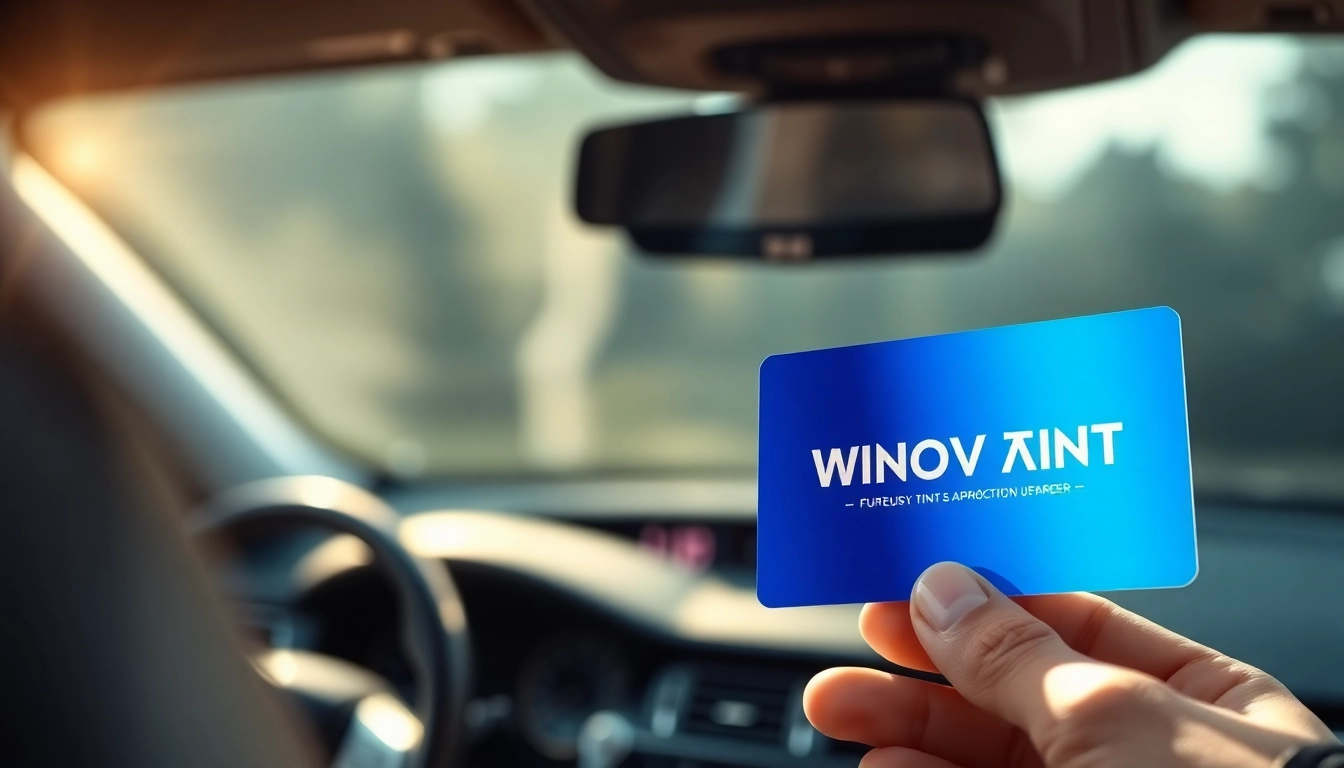 Present a window tint gift card alongside a modern car interior, highlighting luxury and protection.