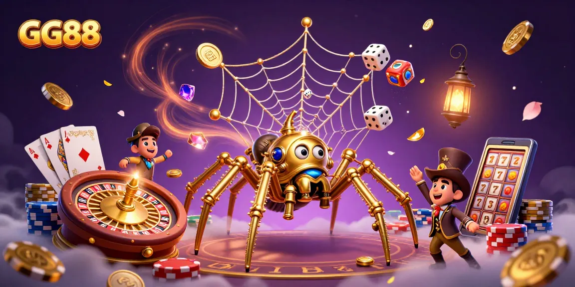 Spin and win at GG88 with a vibrant 3D casino scene featuring poker elements and dynamic treasures.