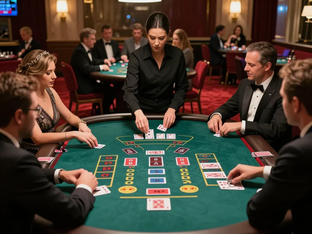 Players engaging in a strategic blackjack game at a luxury casino, capturing the tg88 tension and excitement.
