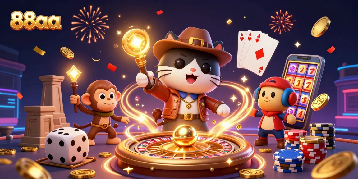 88aa adventure with a cartoon explorer cat and monkey discovering casino treasures.