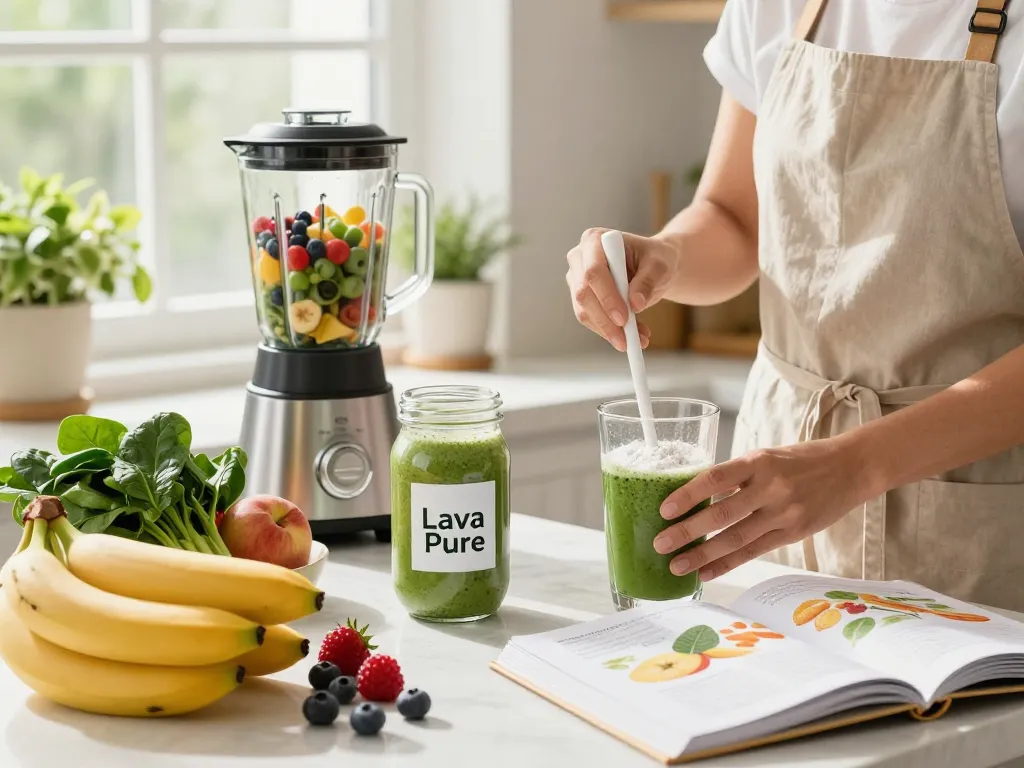 Proszek zeolitu Lava Pure mieszany w smoothie w żywej kuchni, promujący zdrowy styl życia.