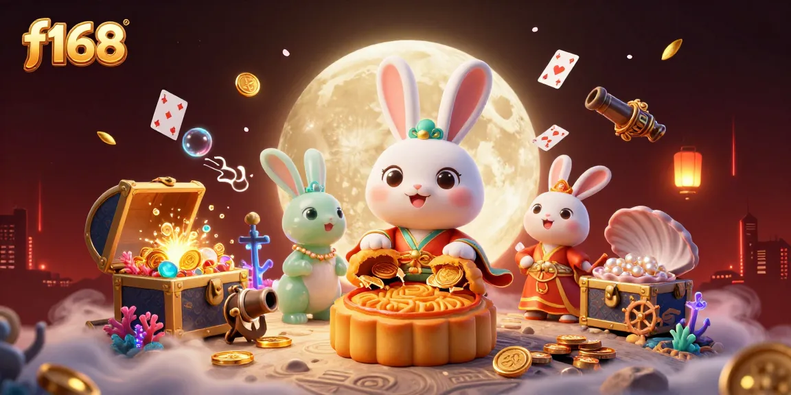 Experience the excitement of f168 with a vibrant casino-themed lunar illustration featuring moon rabbits and poker chips.