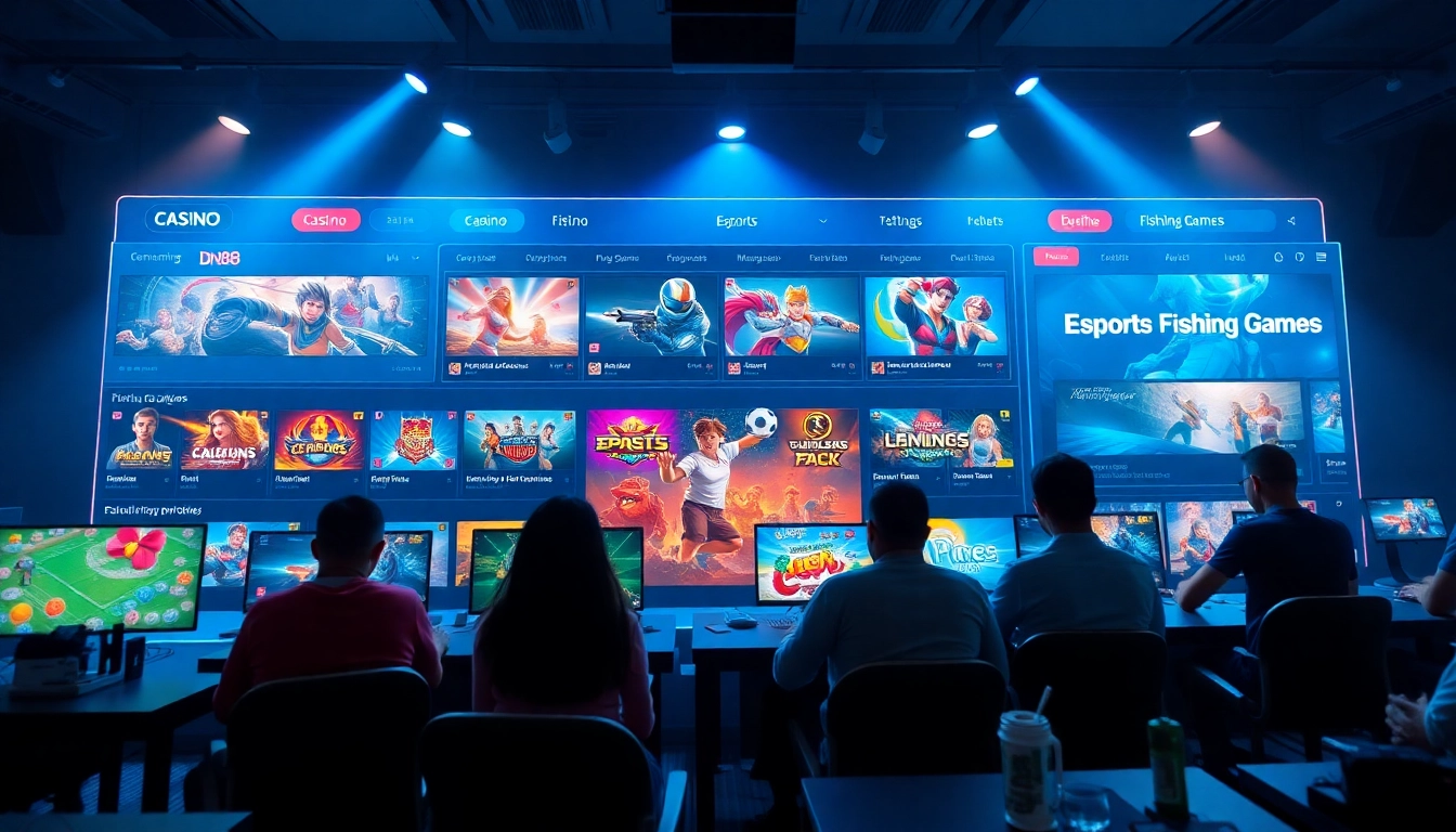Interactive gaming scene at dn88 with dynamic visuals showcasing Casino, Esports, and Fishing Games.