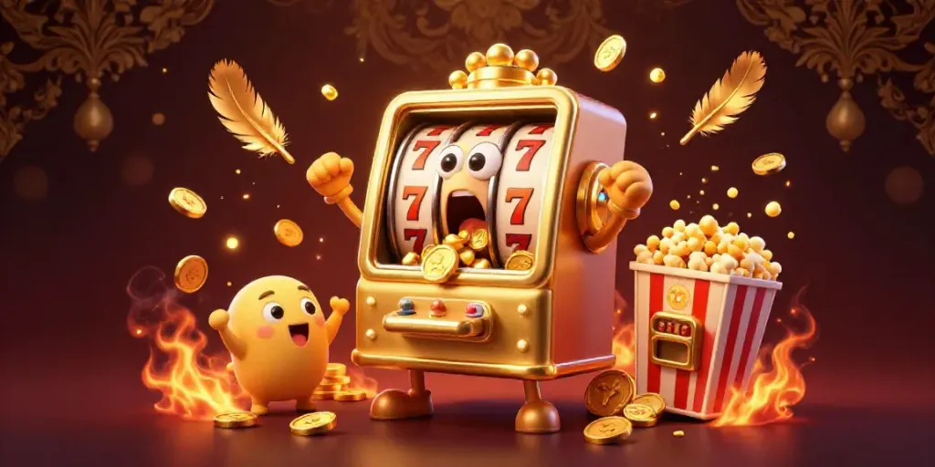 Experience excitement at 789win as cartoon slot machines celebrate a jackpot with coins and golden tokens.