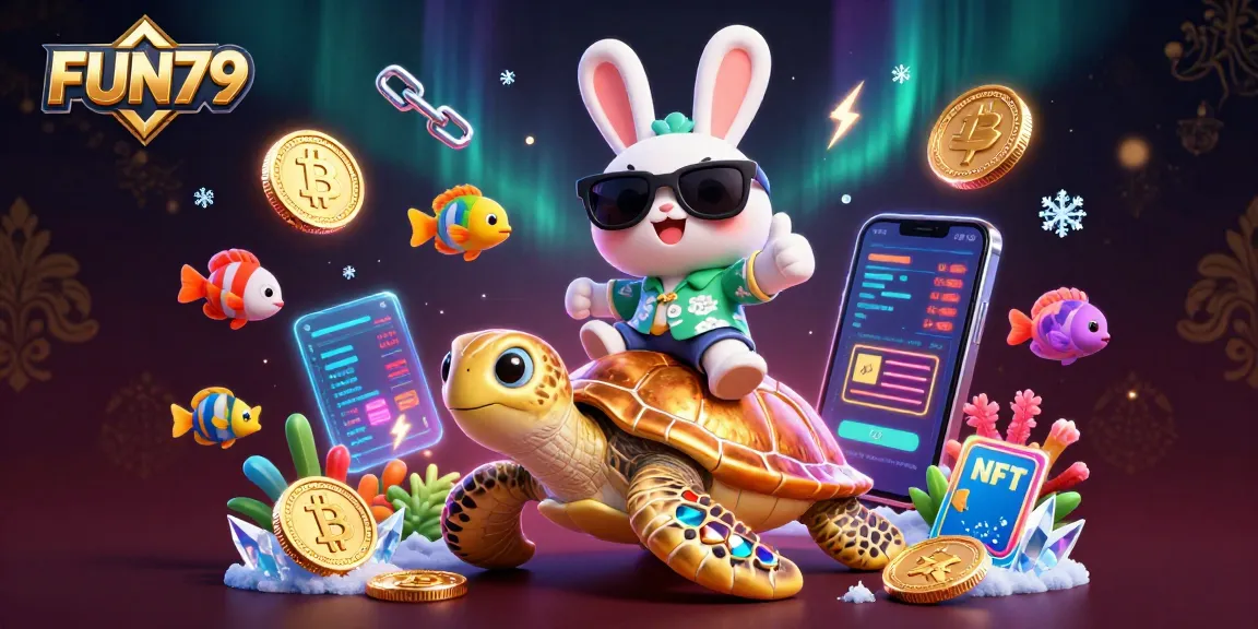Experience the thrill of FUN79 with a 3D illustration of a cartoon rabbit and turtle enjoying casino games.