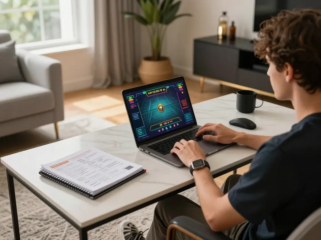 Player engaging with online casino game on laptop at home showcasing 789f gaming experience.