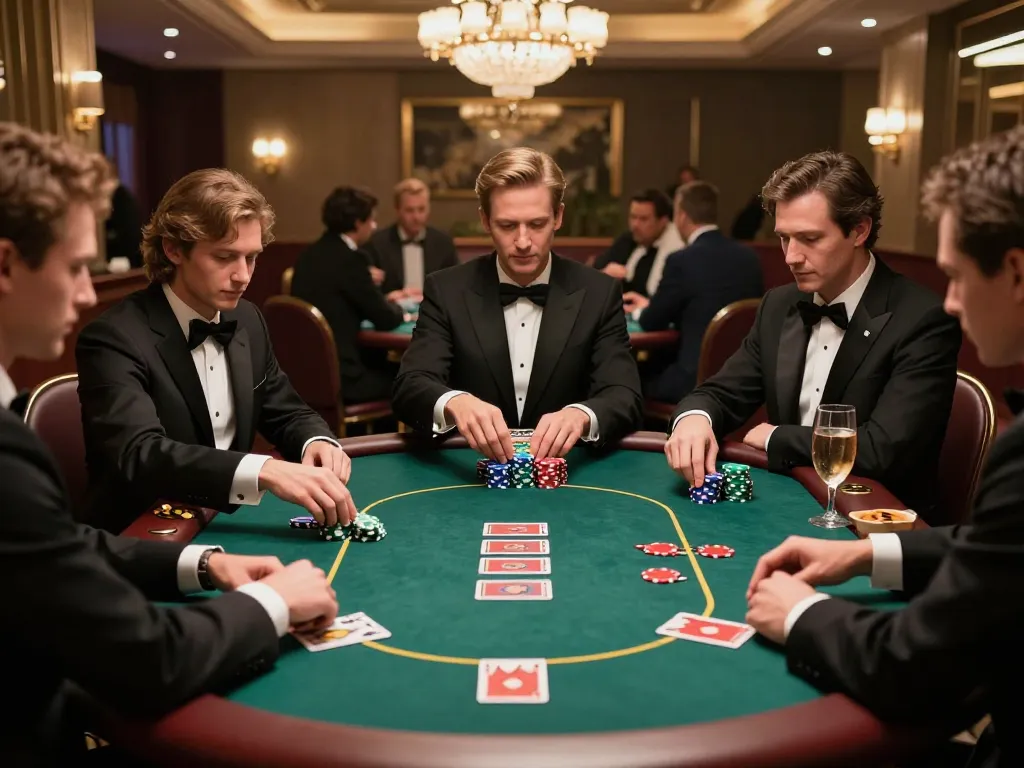 Players enjoying a strategic Texas Hold'em game at a fun79 casino night, showcasing luxury and social engagement.