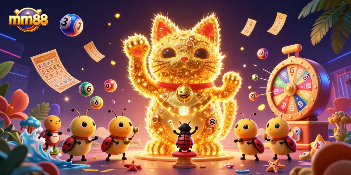 Experience mm88's dynamic casino world with colorful symbols and figures in a vibrant scene.