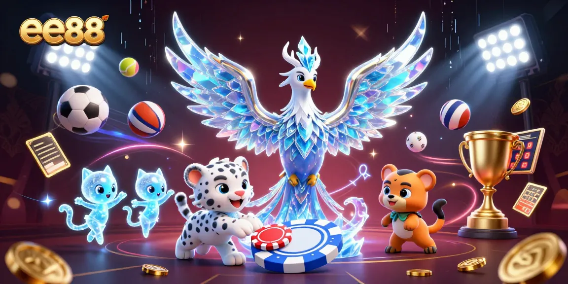 Engage with ee88's dynamic 3D illustration of an ice phoenix and sports elements in action.