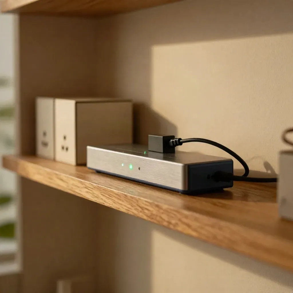 Szafka ścienna z hubem smart plug, lampkami statusu i pudełkami archiwalnymi tyłem