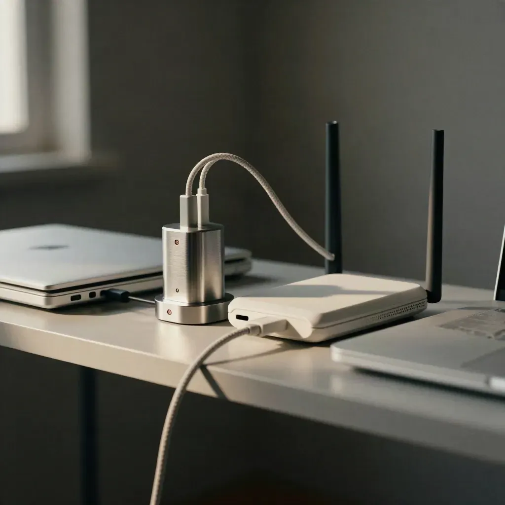 Półka biurowa z dwoma zamkniętymi laptopami, dockiem i routerem w chłodnym świetle.