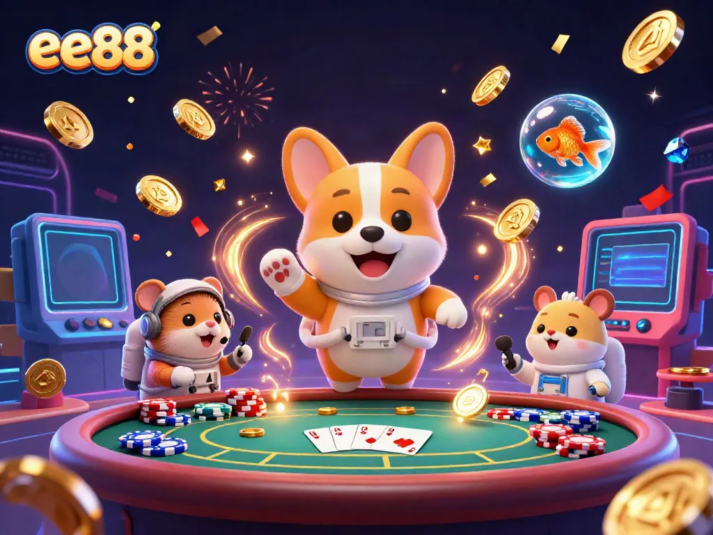 Play casino games with ee88 in an ultra-detailed 3D rendering featuring a floating astronaut corgi and vibrant poker elements.