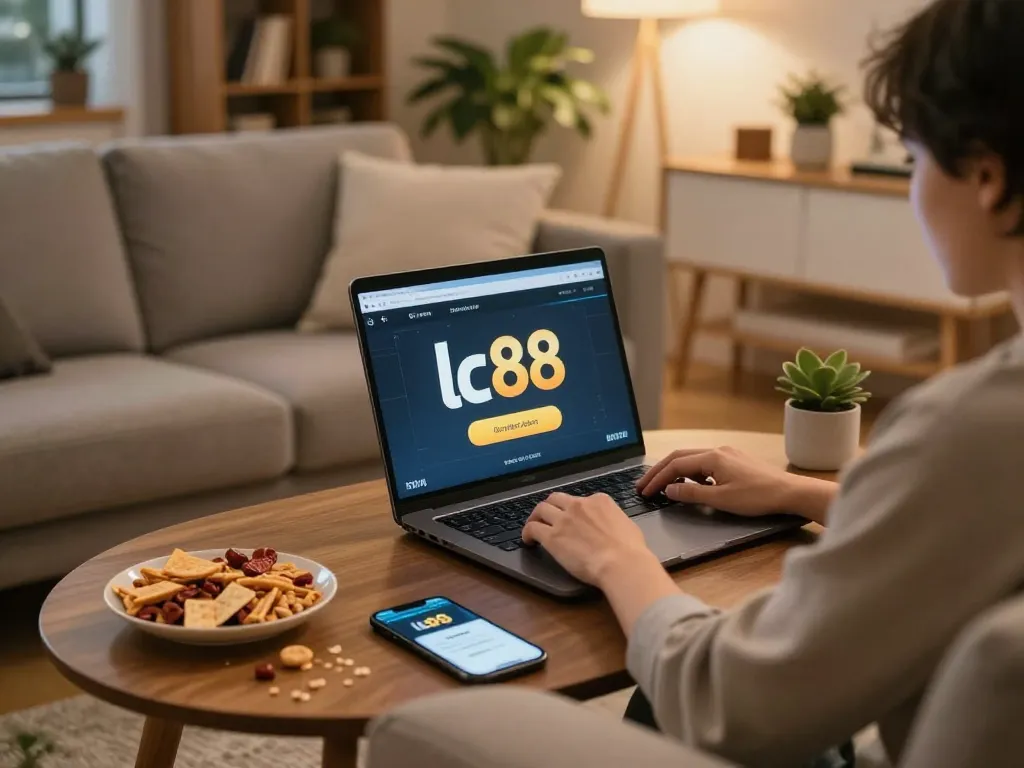 Engaging in lc88 bet online gaming on a laptop in a cozy home setting