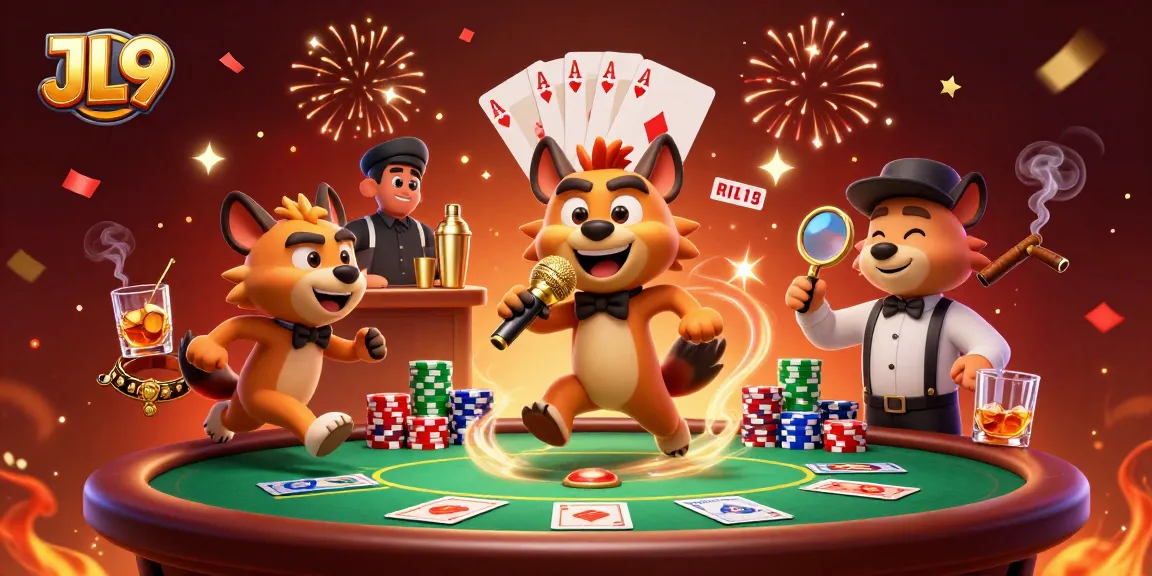 JL9 hyenas entertain guests at a vibrant casino comedy scene packed with poker elements.