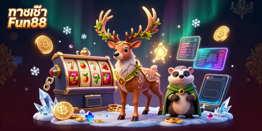 Engage with the dynamic ทางเข้า Fun88 online casino scene featuring vibrant slot reels and crypto elements.