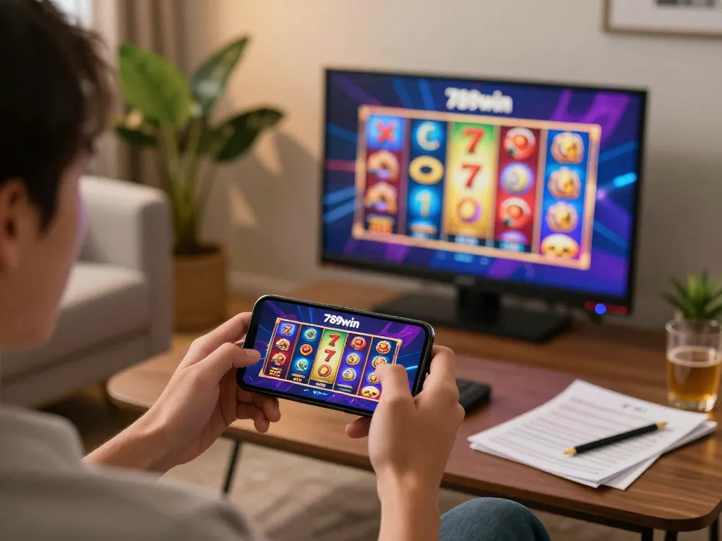 Person playing on the 789win app, with vibrant slot game screen and cozy home setting.