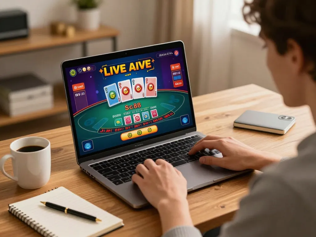 Player enjoying SC88 live dealer blackjack on a laptop at home, fostering strategic gaming.