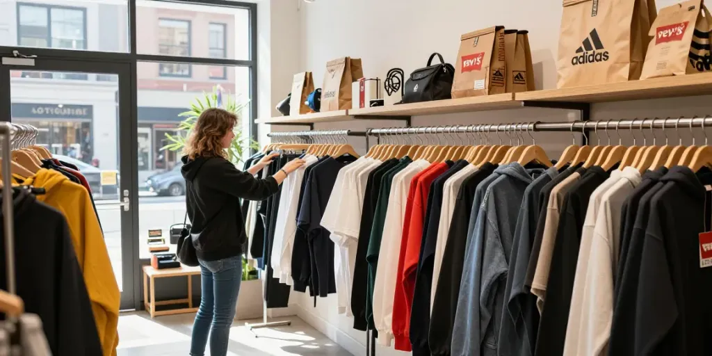 Browsing high-quality branded clothing at an urban fashion boutique featuring hurt markowej odzieży.