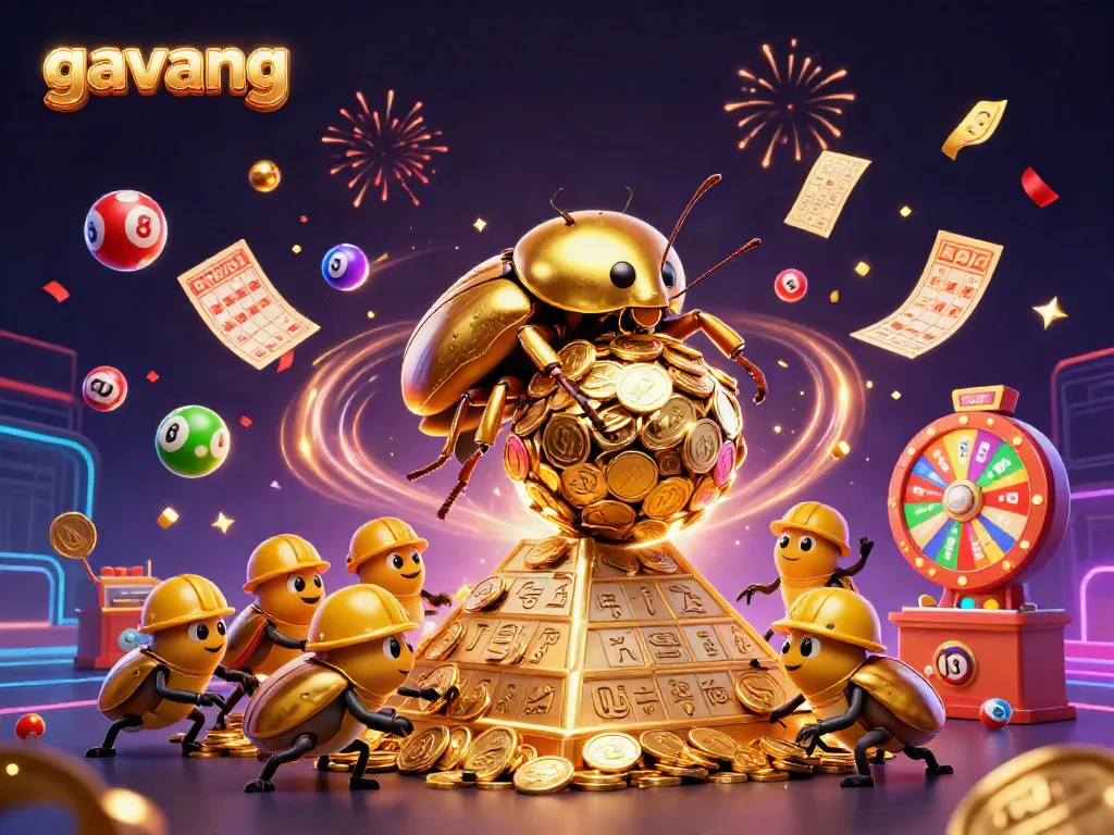 Experience the thrill of gavang with colorful lottery elements and golden beetles in a festive casino atmosphere.