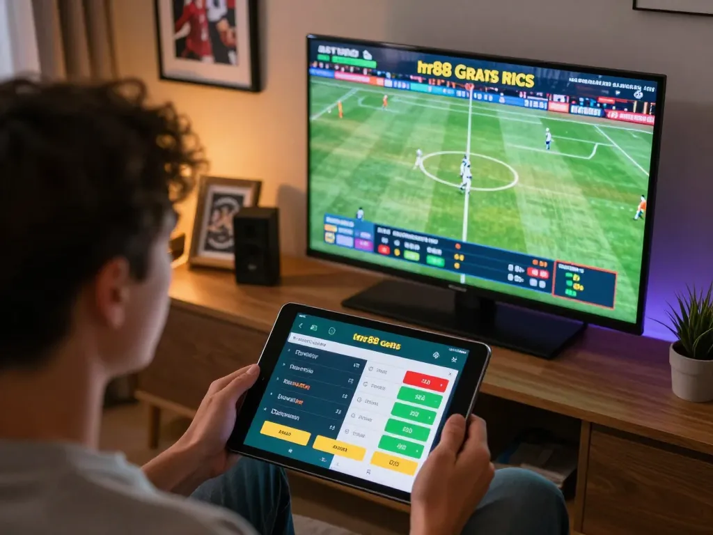 Person engaging with rr88 gratis sports betting app on tablet while watching live game, competitive home atmosphere