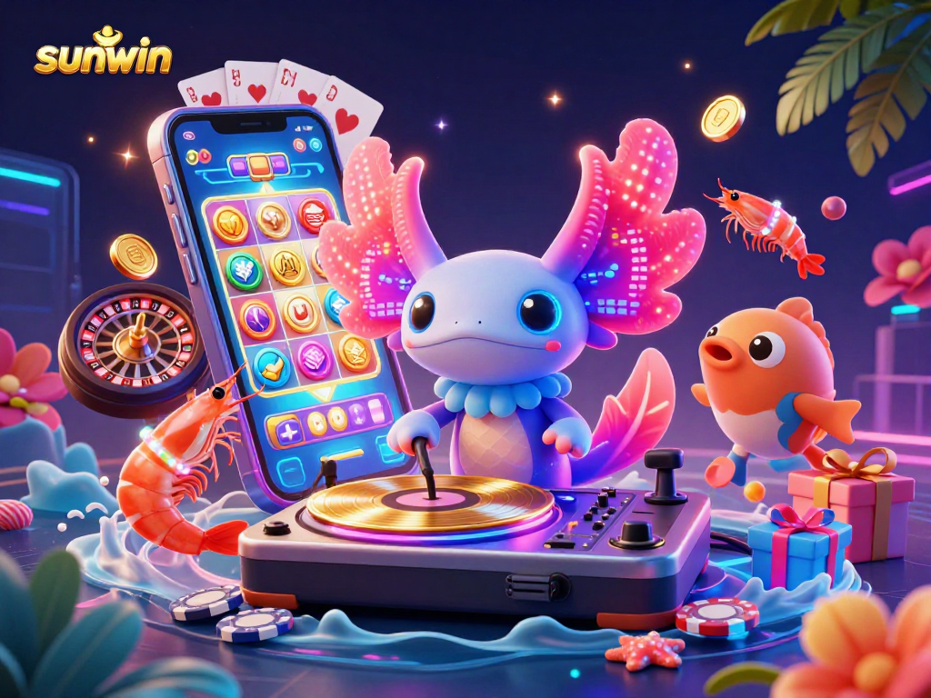 Experience sunwin's vibrant casino scene with a neon-colored axolotl DJ and dynamic underwater elements.