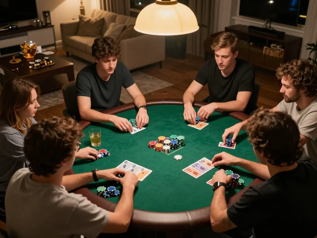 Players enjoying poker night at home with 678vip, showcasing social gambling atmosphere and strategy.