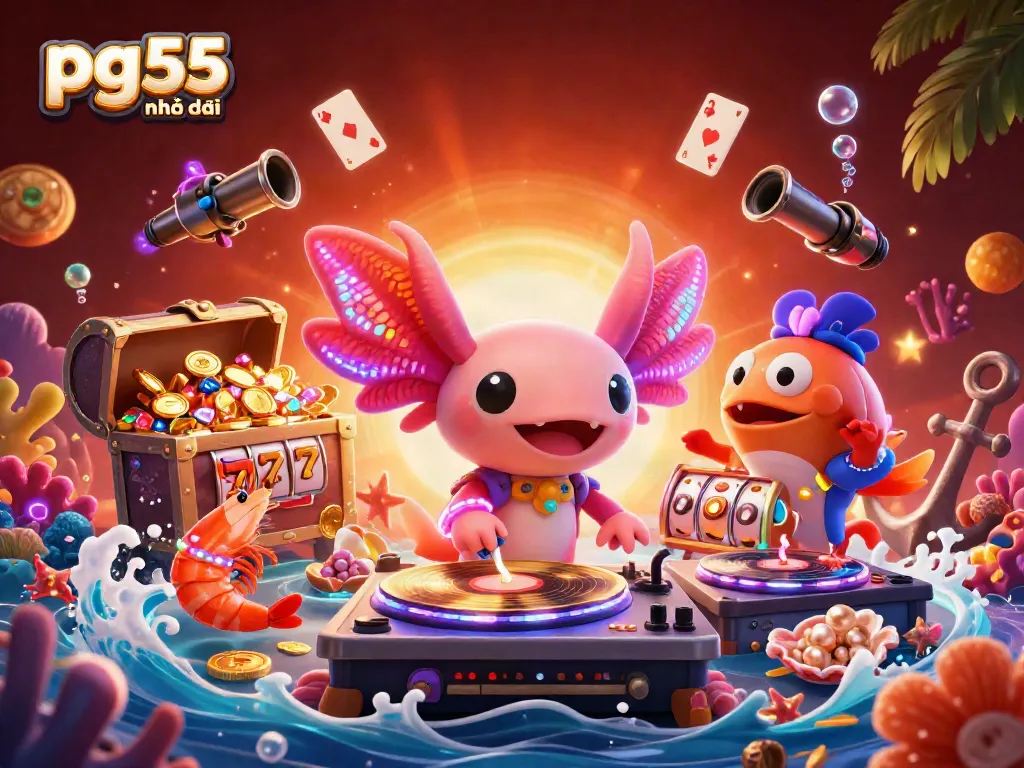 Join the gaming excitement at pg55 nhà cái with a colorful underwater scene filled with neon characters and casino elements.