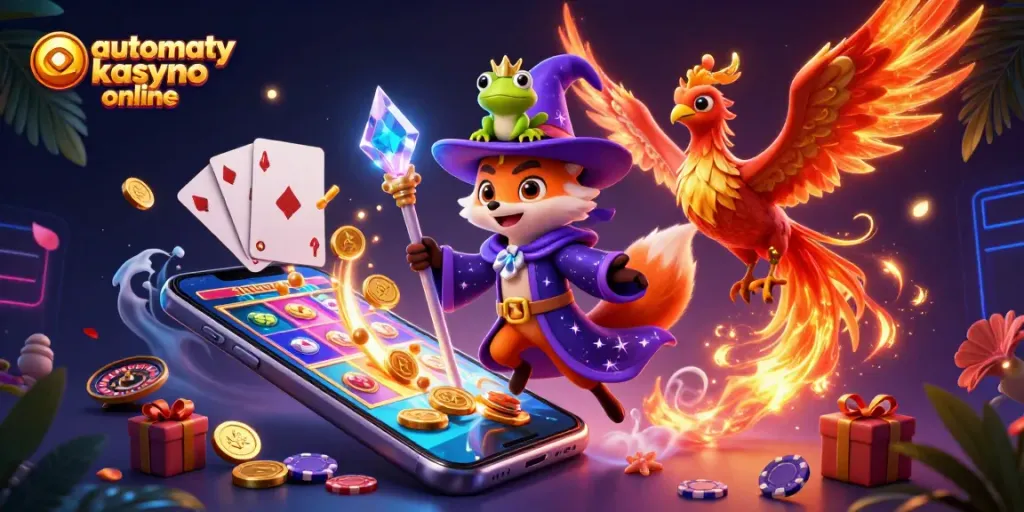Engage with automaty kasyno online in a magical scene featuring a colorful slot game and dynamic casino elements.