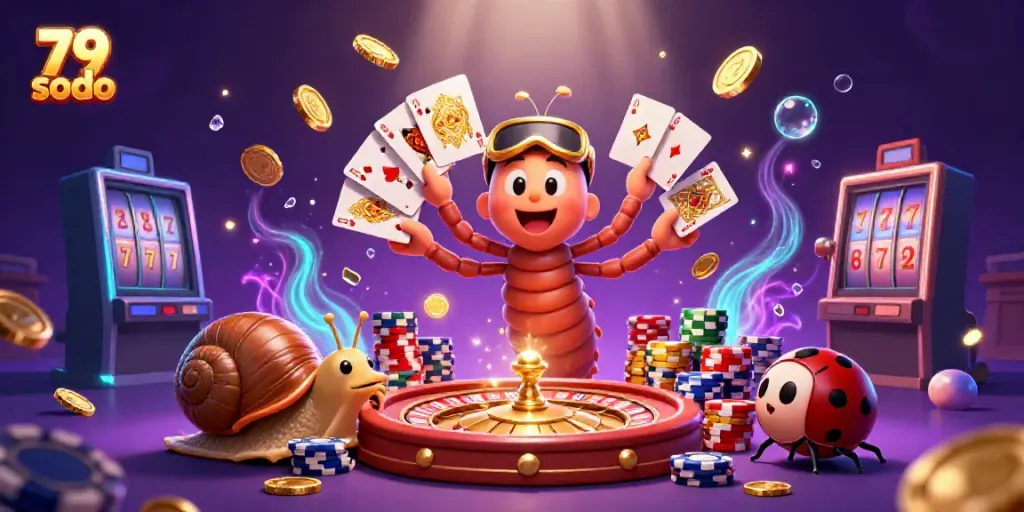 Engage in thrilling games at 79 sodo with a vibrant 3D illustration showcasing a millipede dealer and exciting casino elements.