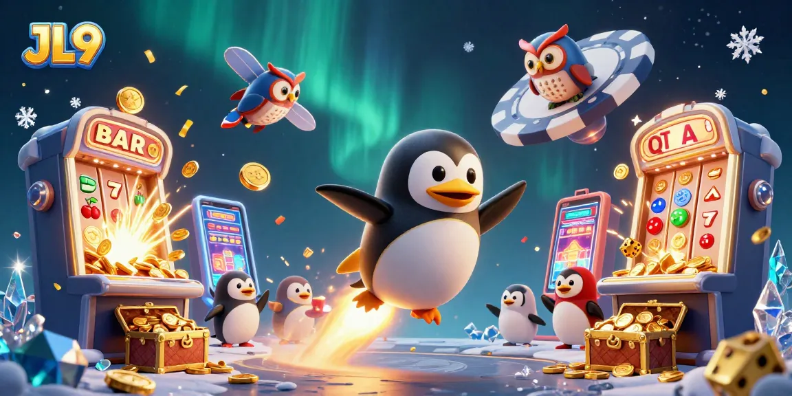 JL9 offers thrilling casino games in a vibrant illustration featuring a golden penguin and slot machines.