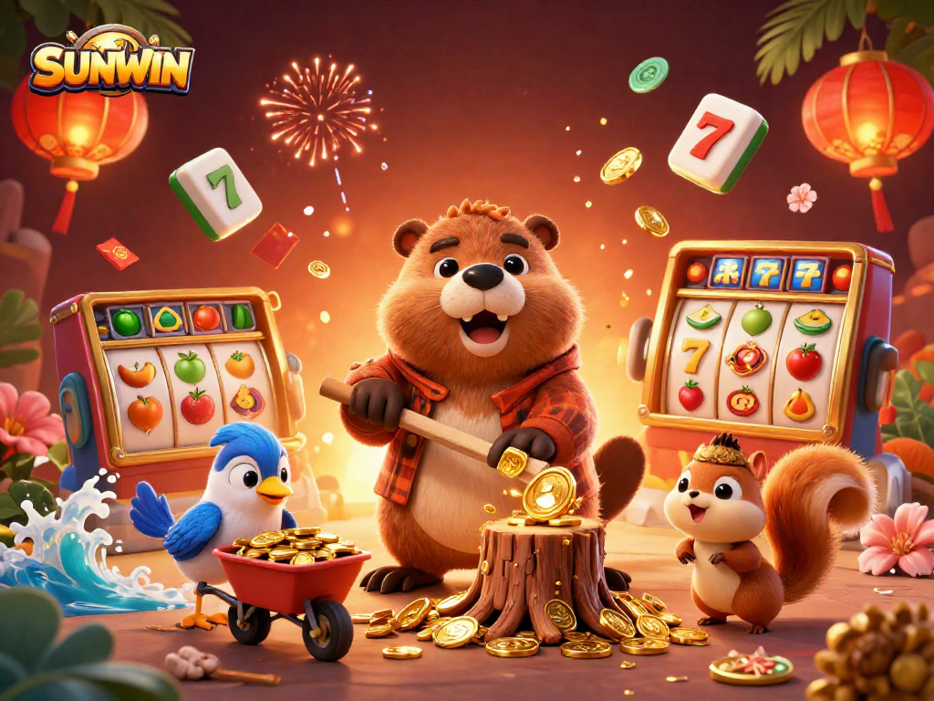 SUNWIN presents a vibrant scene of a beaver and friends collecting coins in a lucky casino environment.