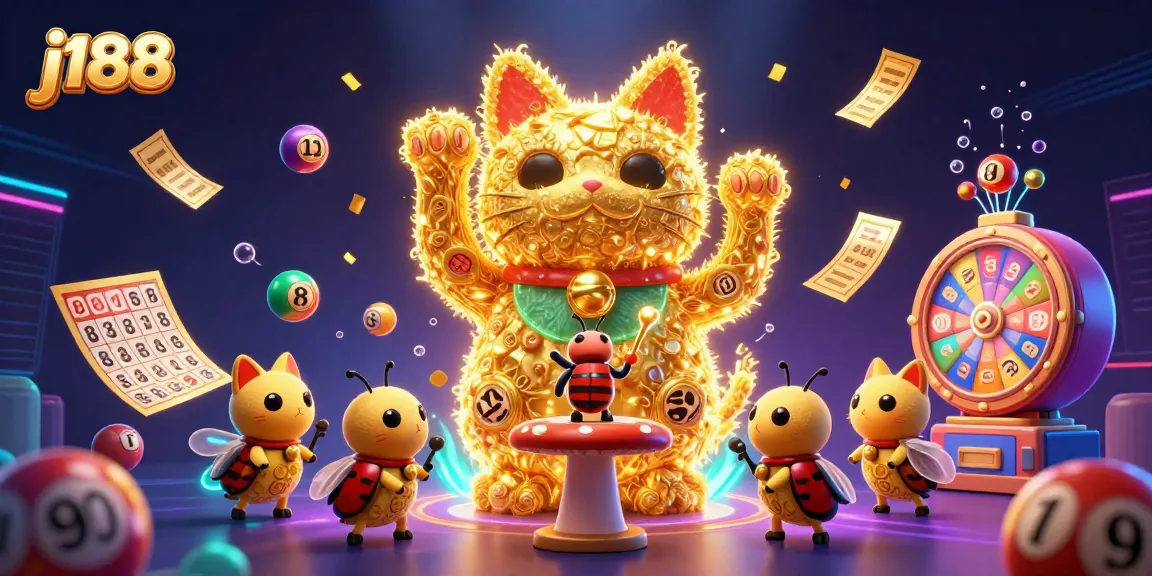 Win big with j188 in this vibrant 3D casino scene featuring a lucky cat
