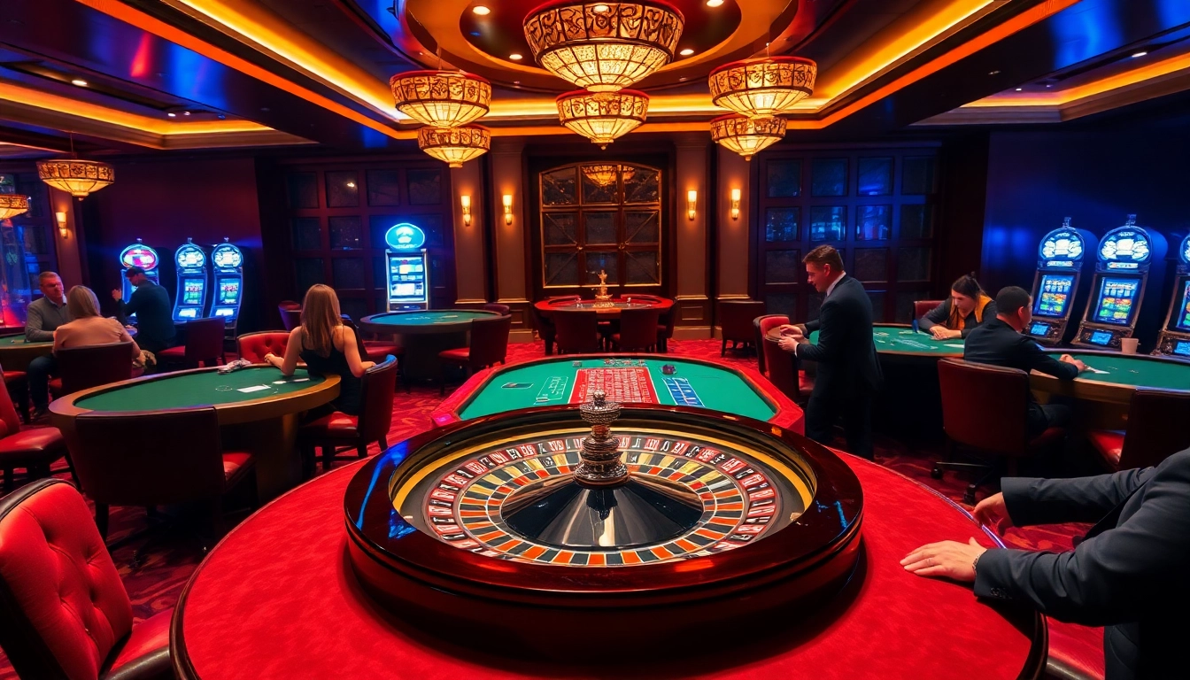 Exciting casino scene featuring okwin with vibrant roulette wheel and poker tables.