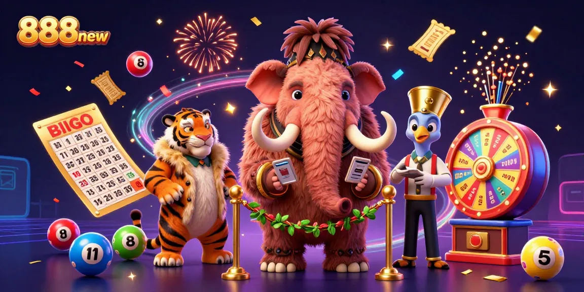 Experience the excitement of 888new with a colorful 3D illustration featuring a woolly mammoth bouncer and lottery elements.