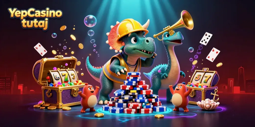 Radość z gry na YepCasino tutaj z triceratopsem budującym stos żetonów w kolorowej scenerii