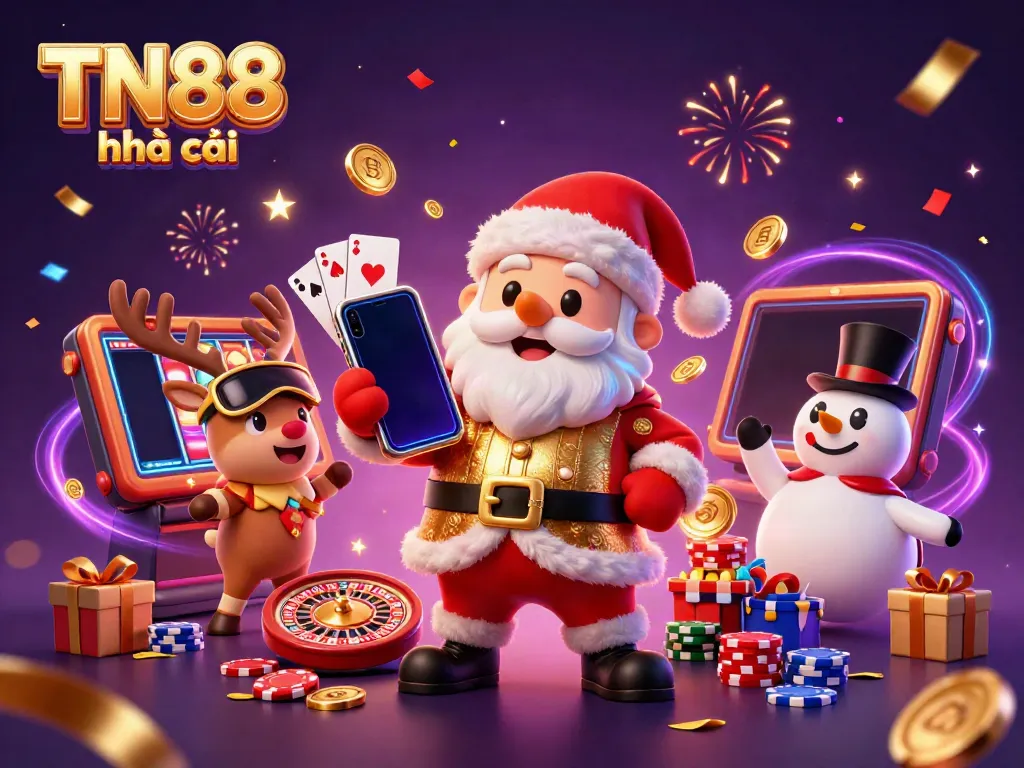 Experience festive fun at TN88 nhà cái with Santa, his reindeer dealer, and a poker chip snowman in a rich casino scene.
