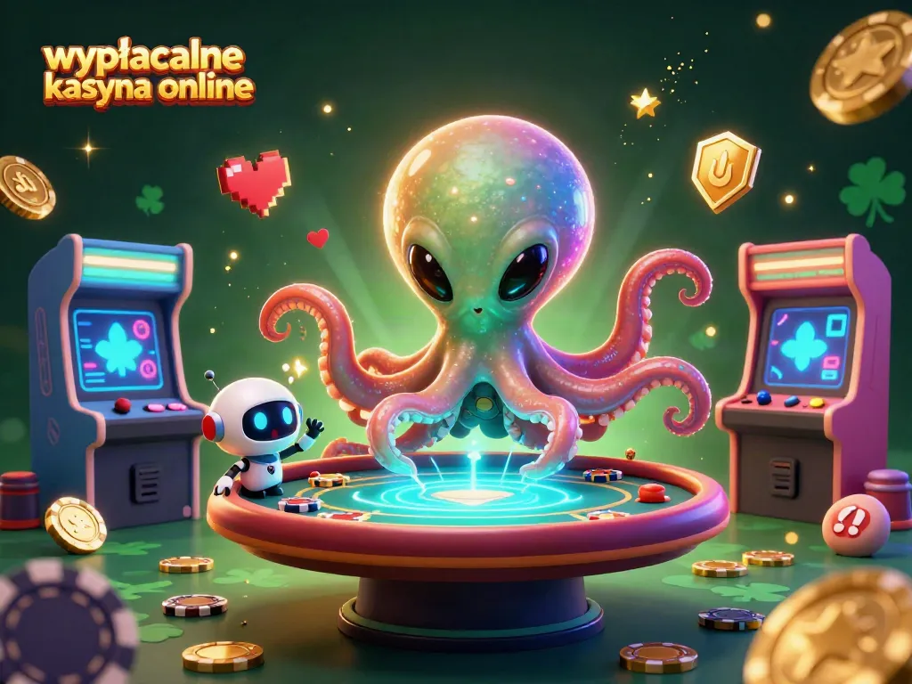 Experience wypłacalne kasyna online with a colorful alien octopus at a dynamic poker table, engaging with exciting game elements.