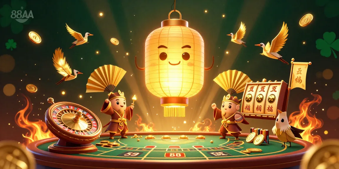 Engage with 88AA in a vibrant online casino scene filled with lucky symbols and game elements.