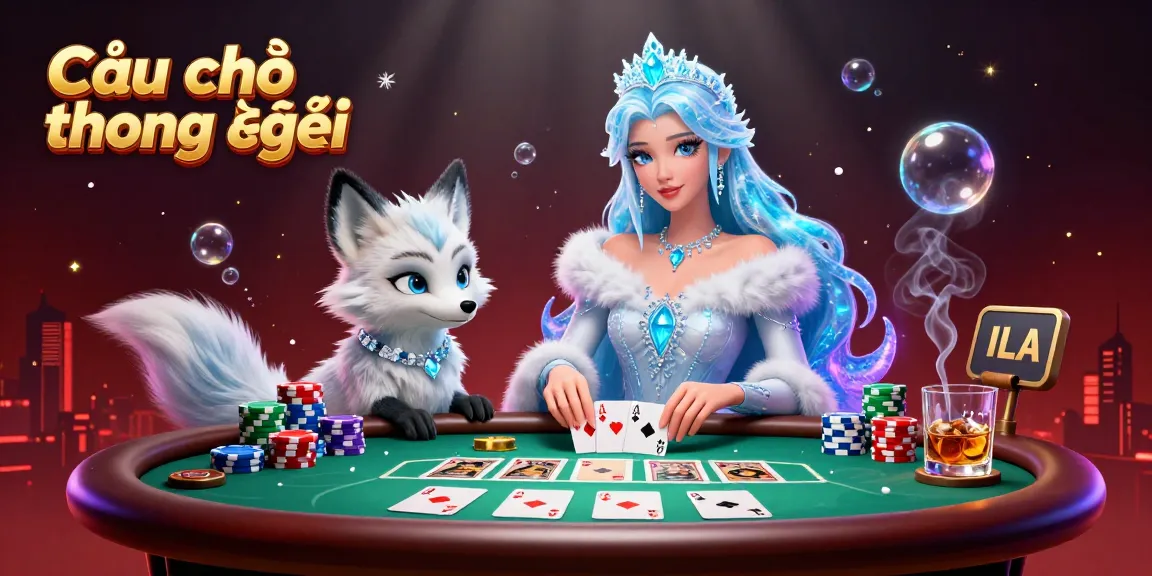 Câu hỏi thường gặp illustration featuring a stunning woman in a winter-themed gown at a bustling poker table, showcasing vibrant casino elements.