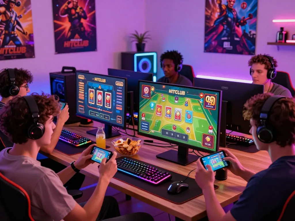 Engaging online gaming scene with HITCLUB on monitors, showcasing players immersed in colorful gameplay, reflecting a vibrant gaming atmosphere.