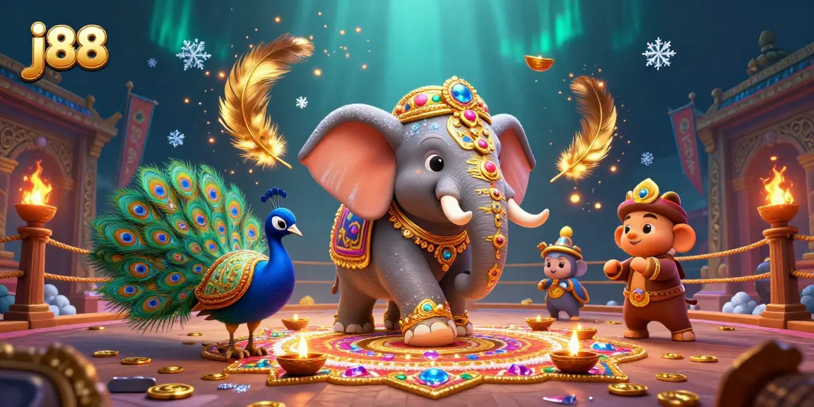 Play games at j88, featuring a vibrant 3D illustration of a Diwali-themed elephant and peacock.