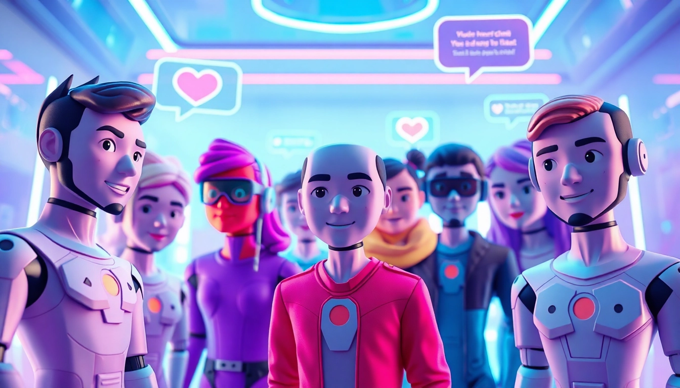 Chat interface showcasing crushon ia animated AI characters in a vibrant digital environment.