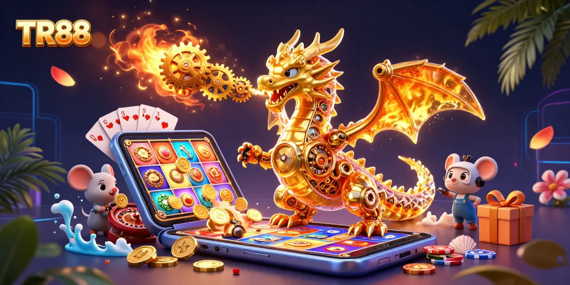TR88 showcases a vibrant golden dragon amidst slot games, symbolizing thrilling casino adventures.